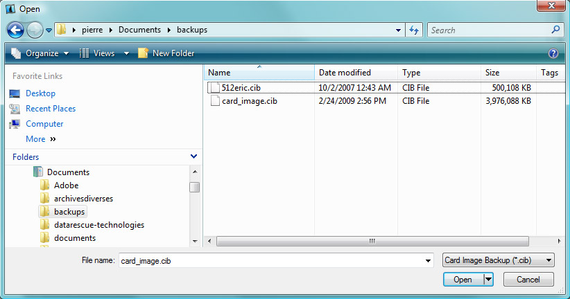 PhotoRescue: loading a card backup